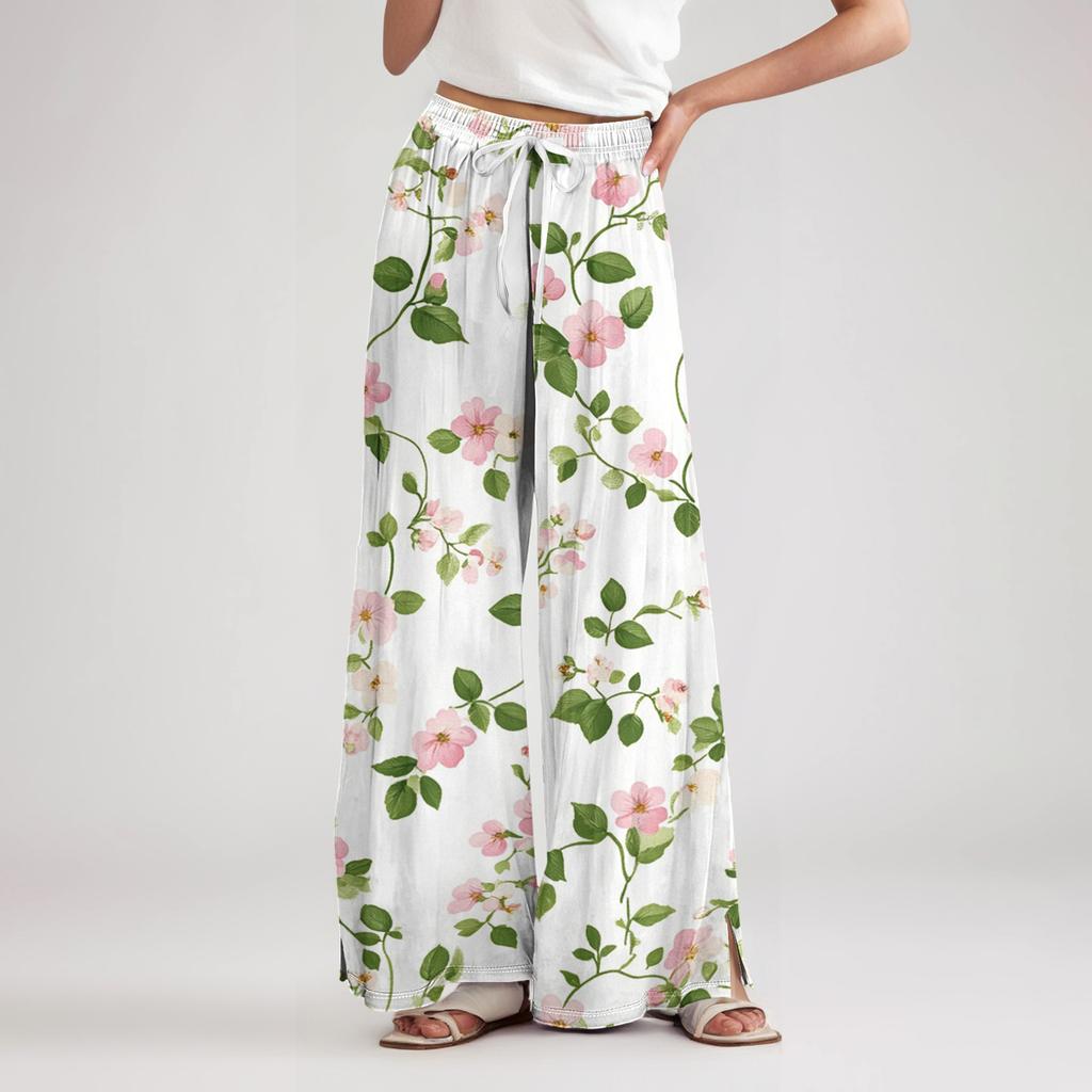 Women's Loose Casual Floral Print Wide Leg Pants With Elastic Waist Drawstring And Pocket Pants