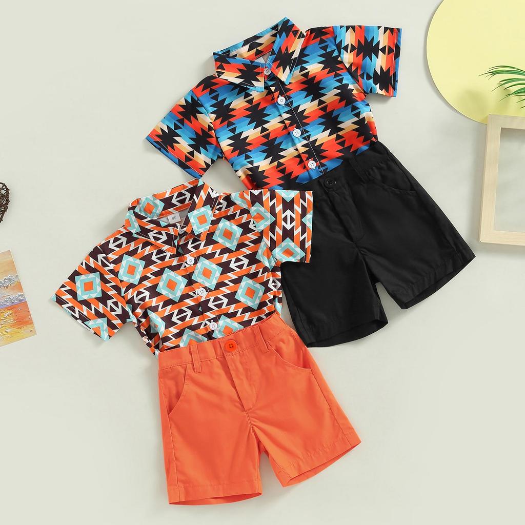 Baby Boy Clothes Toddler Cow Print Short Sleeve Button Down Shirt Elastic Waist Shorts Set 2Pcs Cowboy Outfit