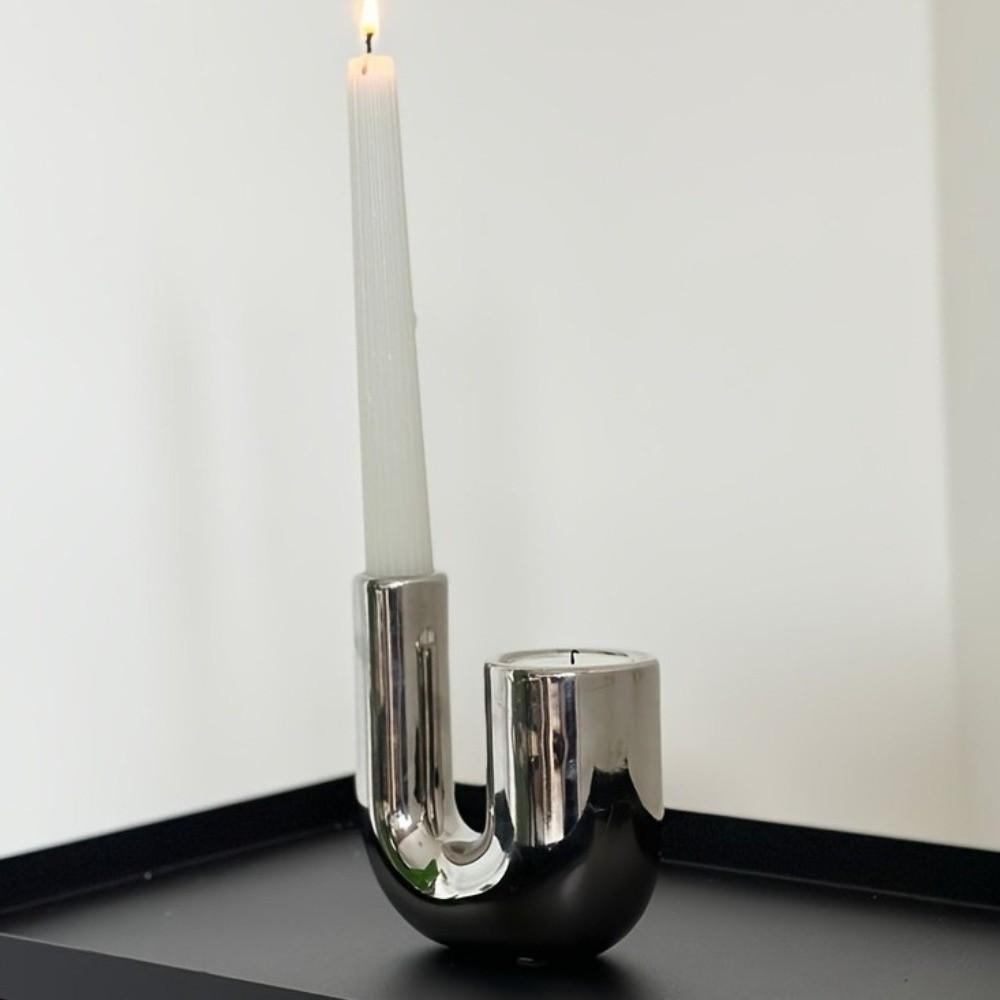 Modern U-shaped Ceramic Candle Holder Romantic Electroplating Silver Candle Stand Light Luxury Candlestick Holder Office
