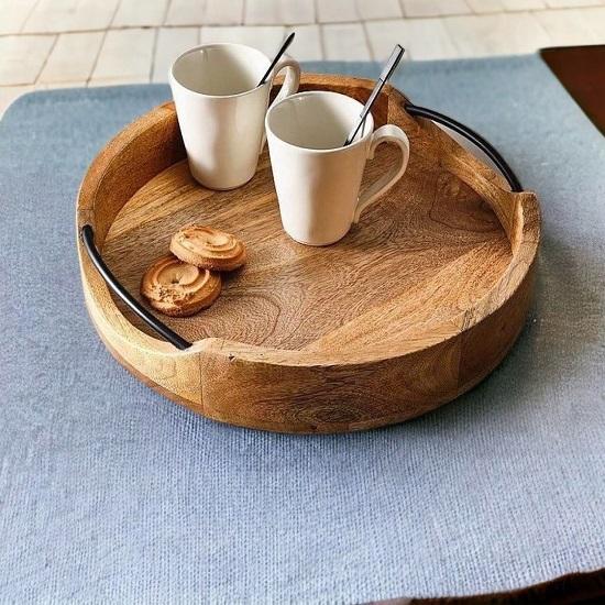 Medium Rustic Round Wooden Serving Tray  Handcrafted Mango Wood with Iron Handles Decorative Kitchen Dining Table Tray Brown