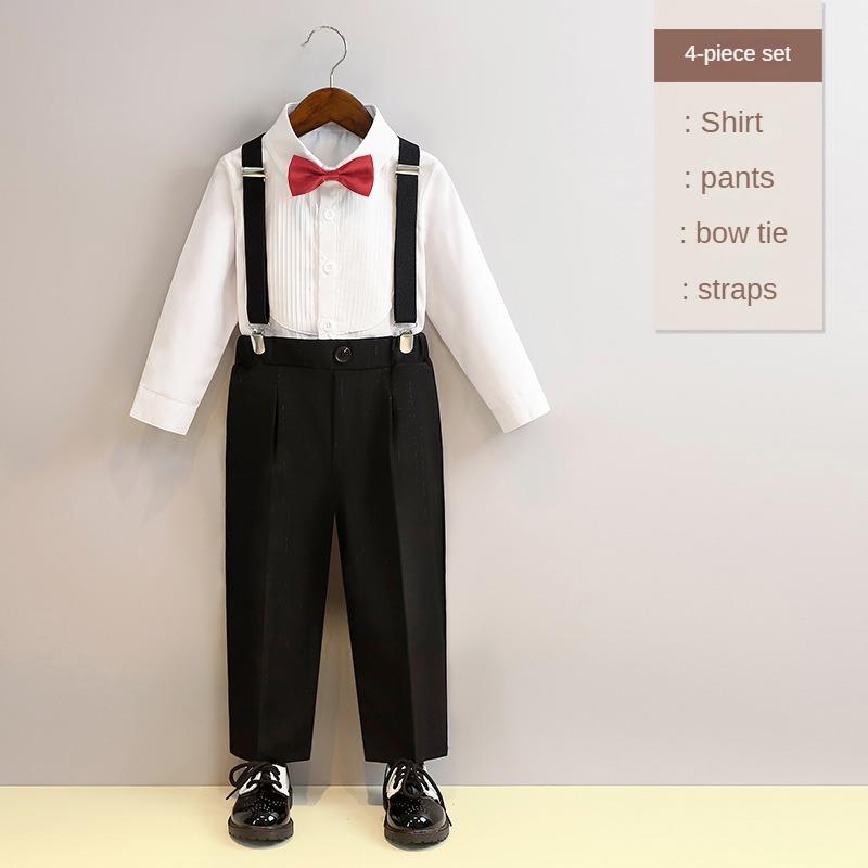 School Boys Suspender Trousers Formal Suit Shirt Bow Tie Kids Wedding Ring Bearer Piano Recital Birthday Photoshoot Gentleman Outfit for Boys 3-12Y