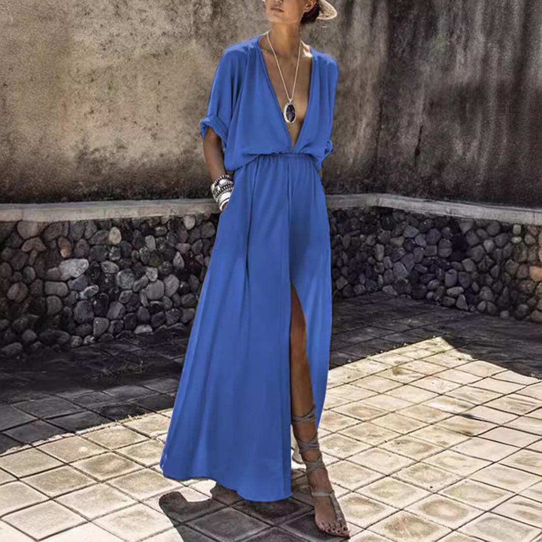 

European Style Deep V Mid-Sleeve Split Dress - New Fashion Bestseller 3XL синий