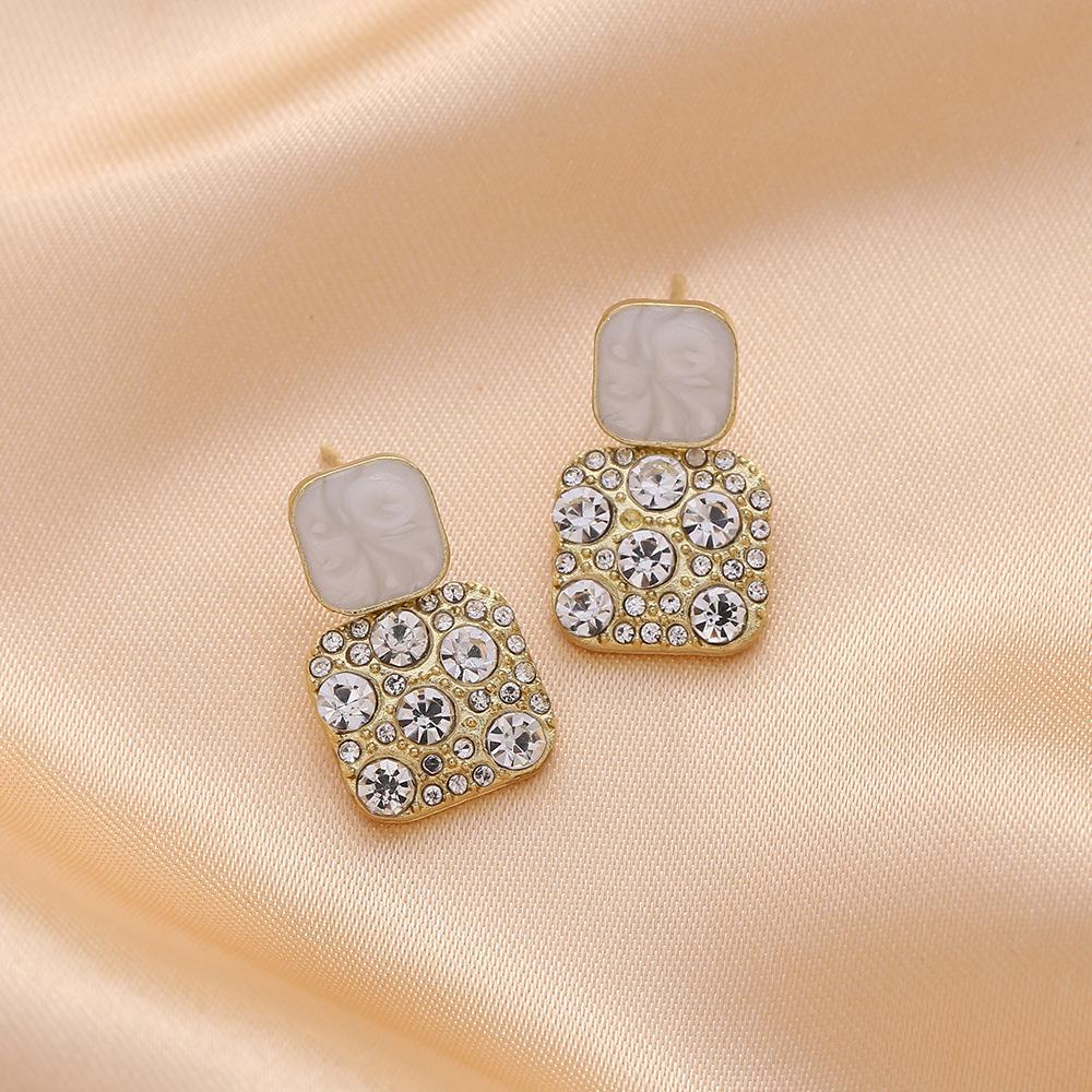 S925 Sterling Silver Geometric Square Stud Earrings with Full Diamond Korean Style - Trendy and Elegant Design for Women.