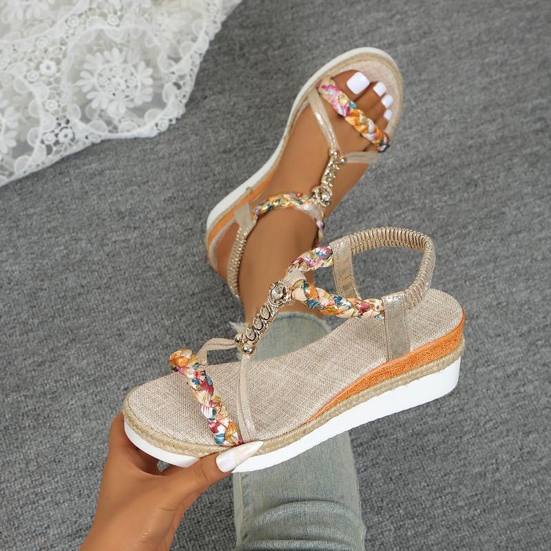 Fashion Wedge Sandals Women 2025 Summer New Style Bohemian Style Elastic Band Casual Platform Sandals for Women Sandalias De Mujer