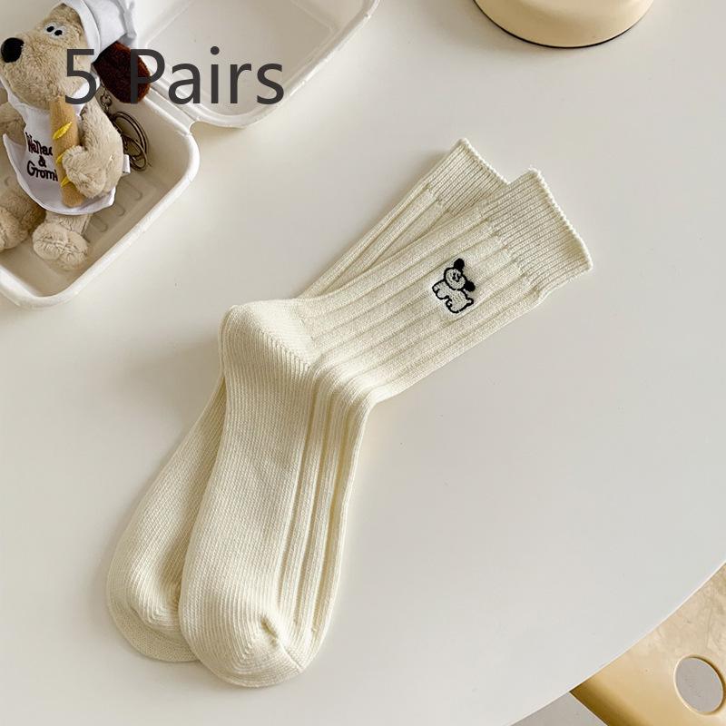 5 Pairs of Female Spring and Autumn Embroidery Puppy Vertical Stripes In Tube Pile Socks