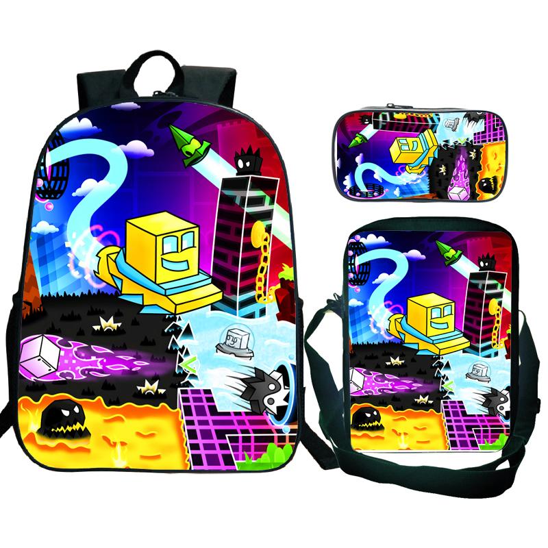 Angry Geometry Dash Backpack 3pcs School Bag Waterproof Student Girls Boys Children Mochila with Pen Bag