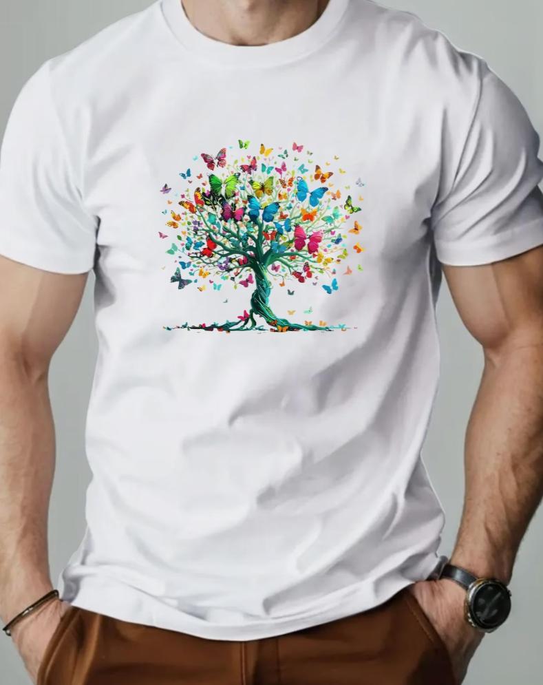 Unisexs Summer Casual Shortsleeve Tshirt With Butterfly Tree Pattern Tshirt