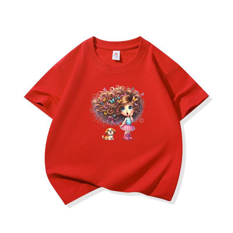 Kids Cotton T Shirt Girl With Floral Hair And Puppy Dog Print Crew Neck Short Sleeve Tee Casual Boys Girls Summer Tops