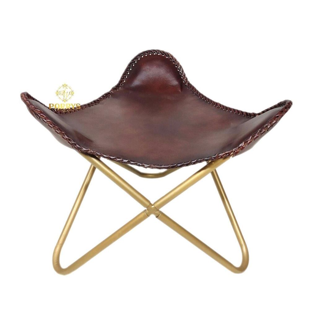 Καφέ δερμάτινη πολυθρόνα-ινδική χειροποίητη καρέκλα πεταλούδας με οθωμανικό