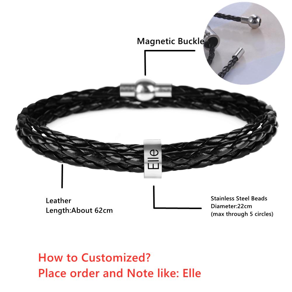 Lemegeton Custom Mens Bracelet 1-7 Names Engraved Beads Braided Leather Bracelets on Hand Personalized Jewelry Friendship Family