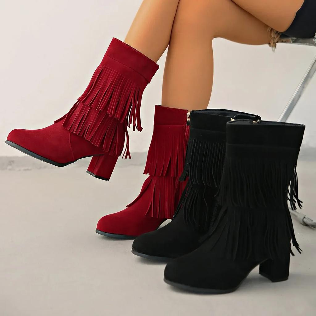 Winter Women's Shoes Large Size Matte Round Head Mid-Calf Flat Bottom Boot Fashionable Fleece Lined Ankle Boot Rubber Material