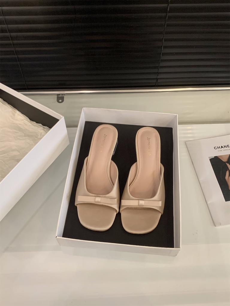 Transparent crystal thick heel bow satin French cool slippers women's shoes outer wear 2025 summer medium and high heel sandals