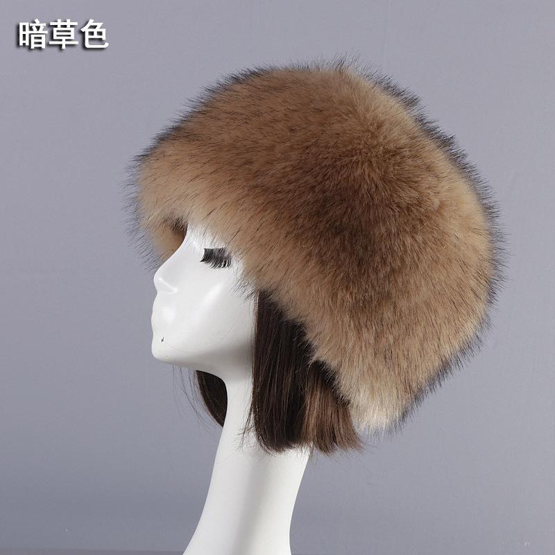 Imitation fox fur round flat top imitation fur hat thickened autumn and winter fluff Russian Mongolian hat thermal ear protection hat