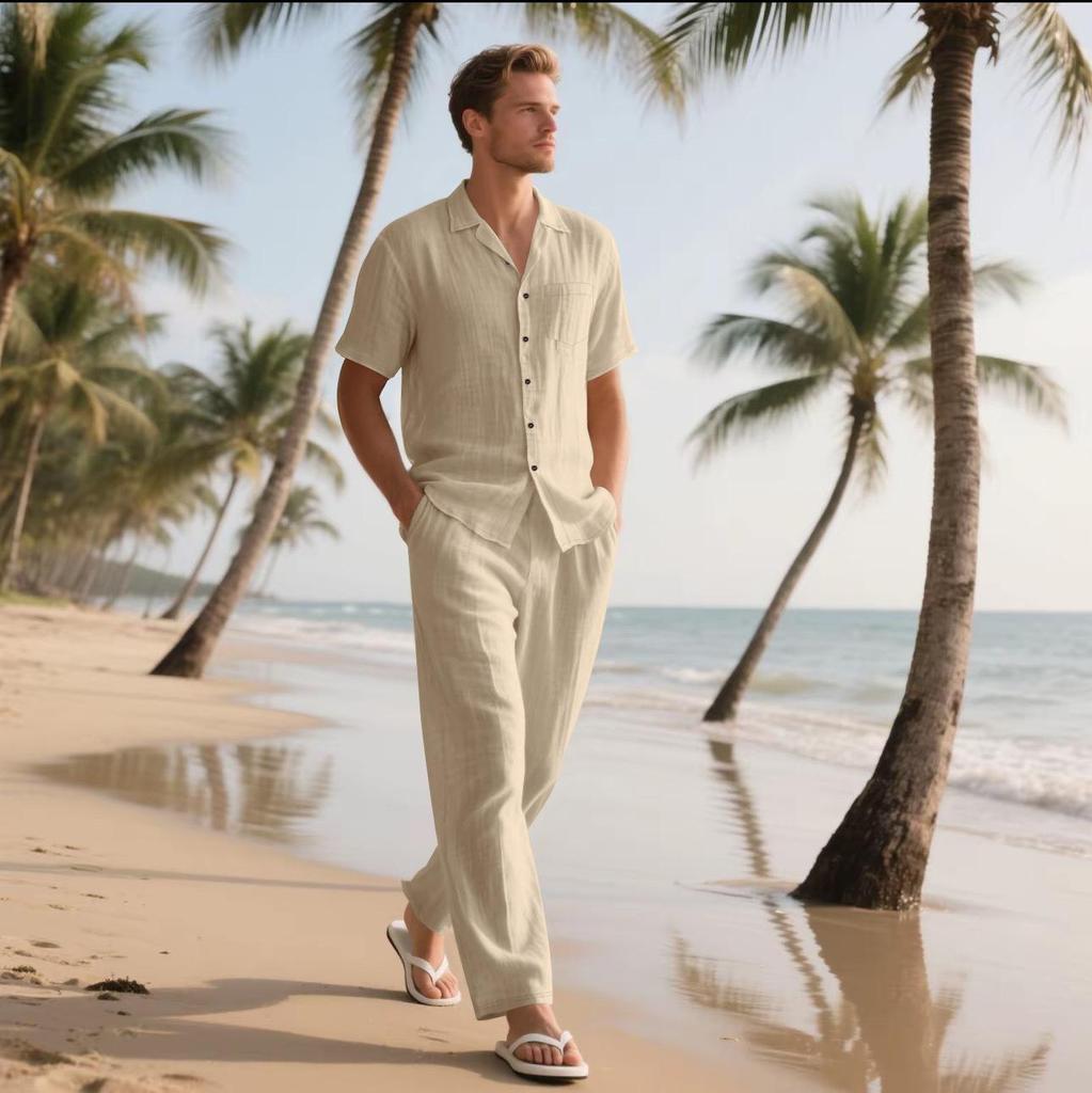 Męskie casualowe bawełniane lniane dwuczęściowe zestawy plażowe vintage podstawowe koszule i spodnie jednolity kolor casualowy garnitur męski hawajski dres