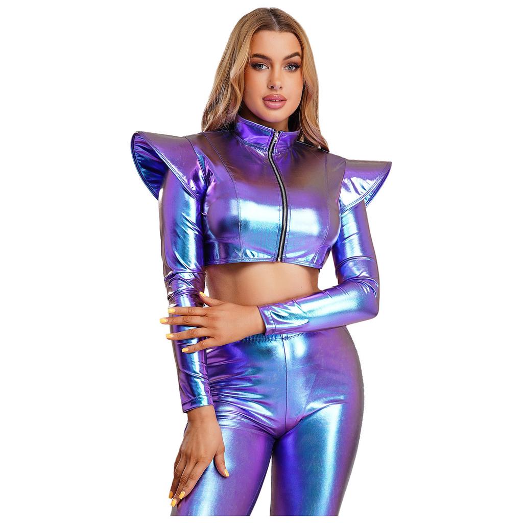 S-3XL Women Iridescent Metallic Crop Jacket Long Sleeve Structured Shoulder Boards Stand Collar Front Zipper for Club Raves Party