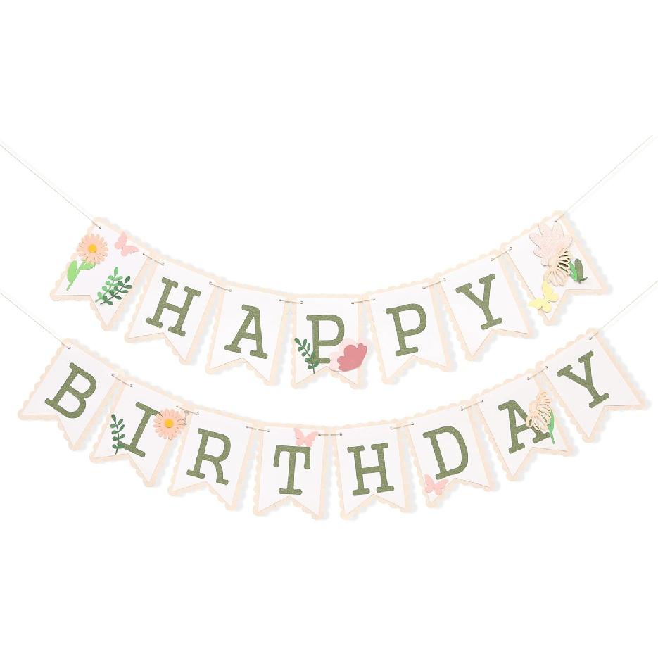 Butterfly Flowers Happy Birthday Banner - Spring Birthday Party Decorations,Floral Leaf Sweet Happy Banner,Little Princess Wildflower Party Photo Butterfly Flowers-HP