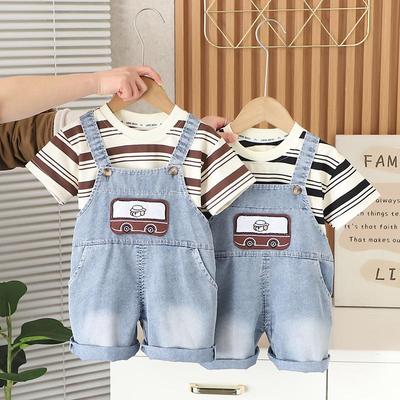 Boys' Suit Children's Striped Short Sleeved T-shirt Denim Overalls Two-piece Set Baby Cartoon Clothes