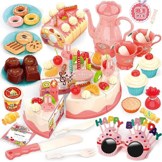 83 PCS Birthday Cake Food Play Set - Food Toy Pretend Cutting Play Cake Desserts Ice Cream and Donuts Food Toys - Birthday Gifts Toy Set for Boys