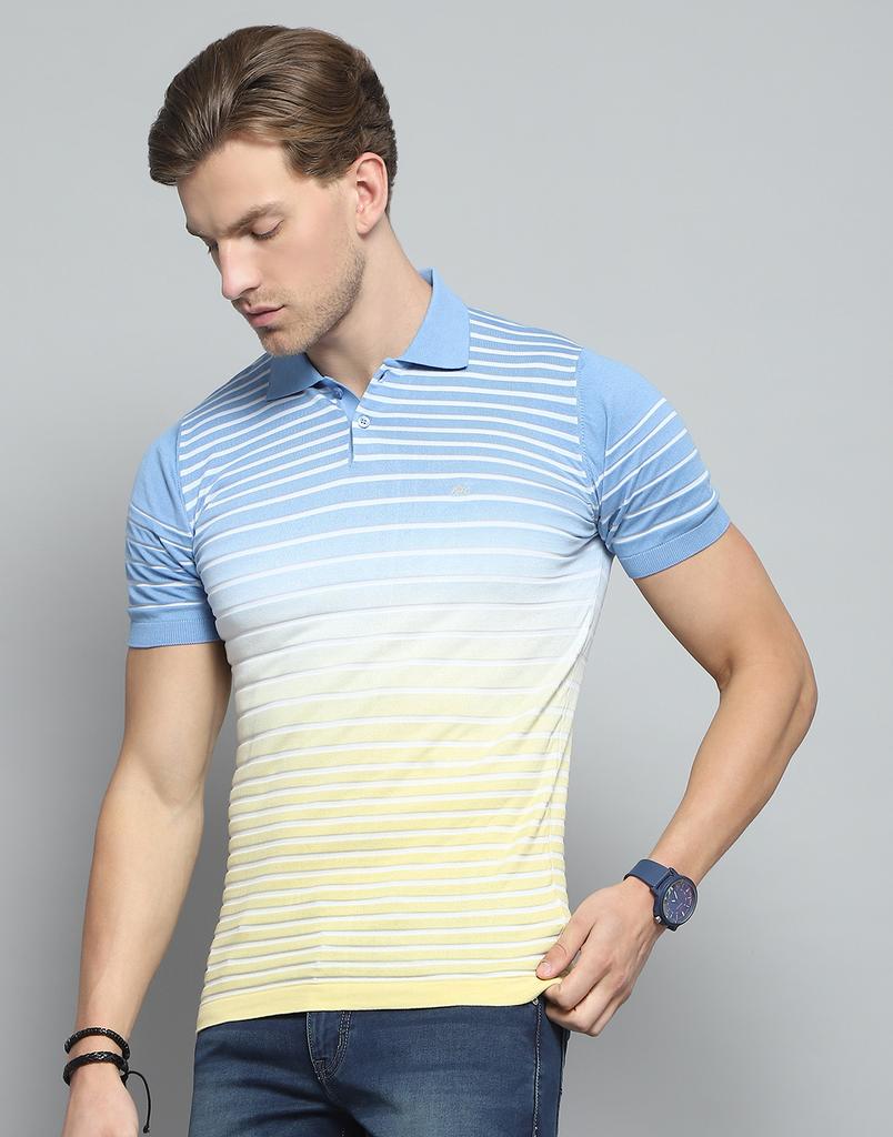 MONTE CARLO Herren Gestreiftes Blaues Kragenhals Halbarm T-Shirt