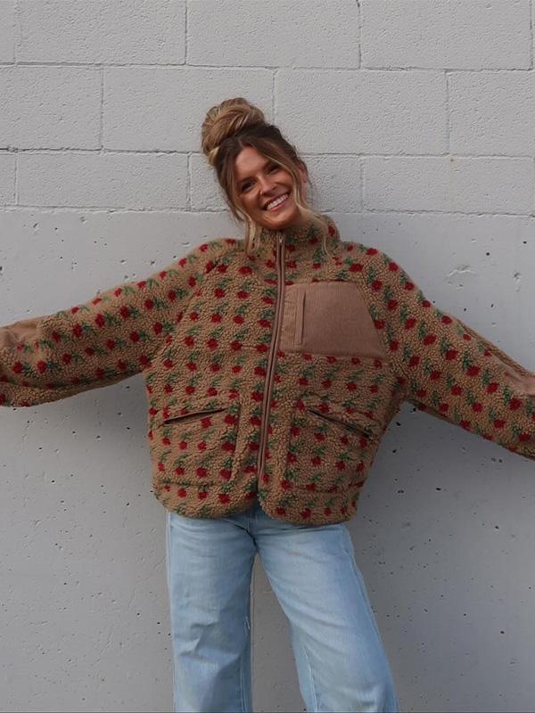 Autumn/Winter Stand Collar Shearling Print Jacket Versatile Oversized Casual Zip-Up Hoodie