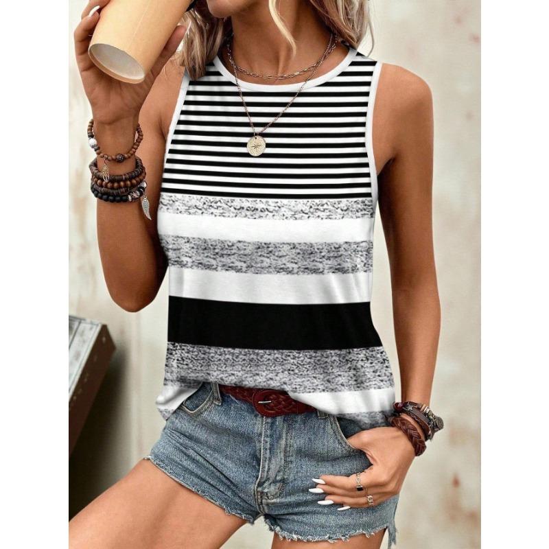 Colorful Stripe Round Neck Butterfly Leopard Creative Element Casual Tank Top Summer Women Blouse