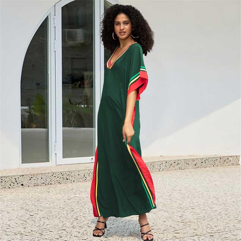 EDOLYNSA Dark Green Printed Relaxed Kaftan Women's Robe Kaftan Outfit Vacation Boho Swimsuit Cover-up Caftan Homewear House Dress Q1615