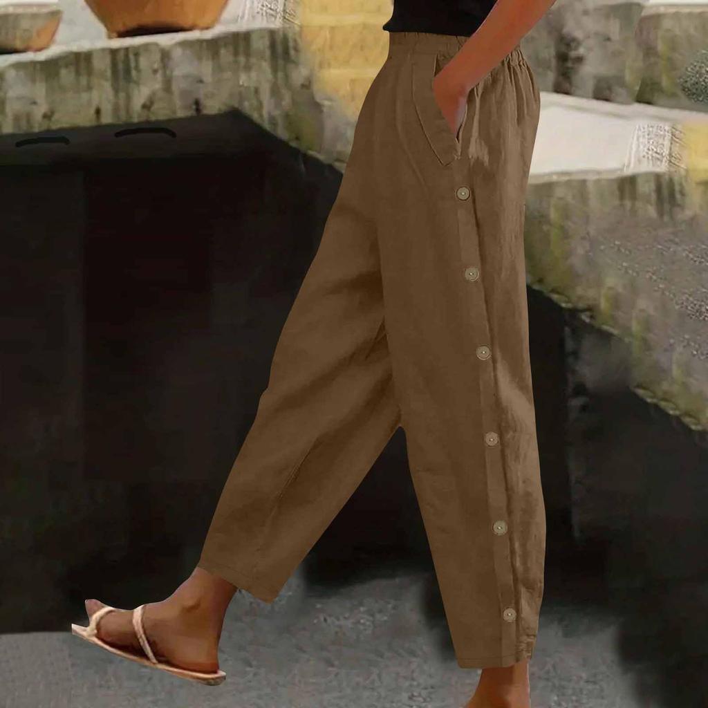 Women's Fashion Side-Button Pocket -Color Mid- Cotton-Linen Blend Relaxed-Fit Trousers