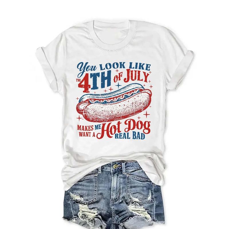 

Женская повседневная футболка с круглым вырезом, коротким рукавом, обычной длины, с узором из букв, для любого сезона, Розовый топ с графикой Хот-дог 4 июля S белый