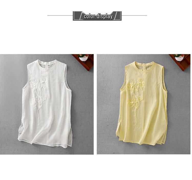 European-Style Floral Embroidered Cotton Linen Sleeveless Top for Women