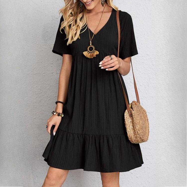 Women's Fashion Summer Spring Solid Color Print Short Sleeve V-Neck High Waist Casual Dresses