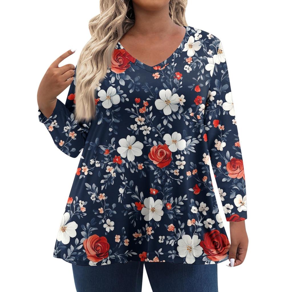 Women's Fashionable Casual Long Sleeved Plus Size Floral Print Top Plus Size Floral Print Top