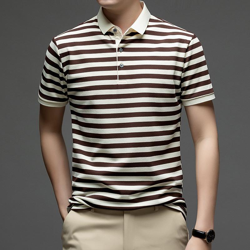 Summer Men's Trendy Casual Striped Short Sleeve T-Shirt Polo Shirt Fashion Loose Fit Lapel Collar Top