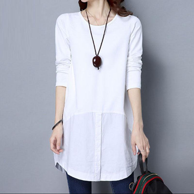 

Женская повседневная футболка миди с пуговицами, весенняя новинка, модная футболка с круглым вырезом, для работы, однотонная, с длинным рукавом, женская одежда M белый