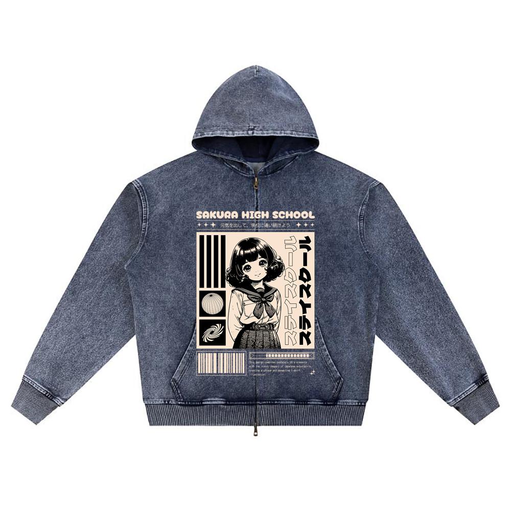 

DTG print Knitted Denim Zip-Up Hoodie Sakura High School Brother Print Zipper Hoodies XL темно-синий