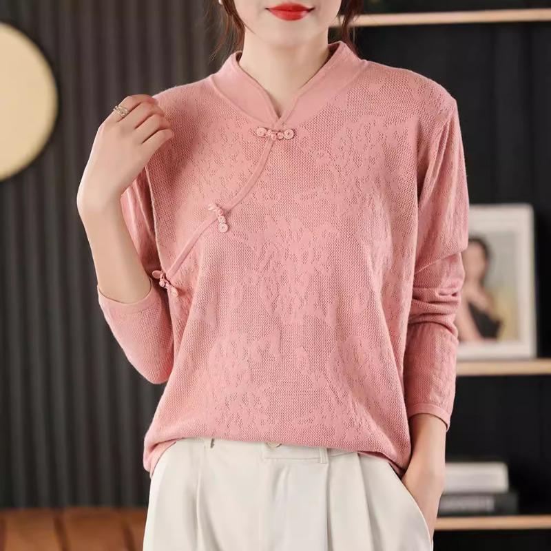 New Medium and Retro Buckle Sweater Women's Diagonal Placket Stand-up Collar Solid Color Temperament Bottoming Knitted Sweater Women