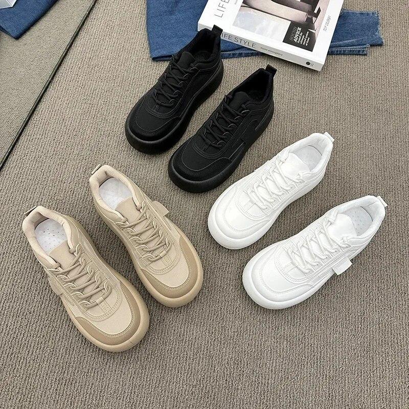 Leisure Chunky Sneakers Woman Winter PU Lace Up Mid Heels Round Toe Shoes for Women Platform Vulcanize Shoes Plus Size