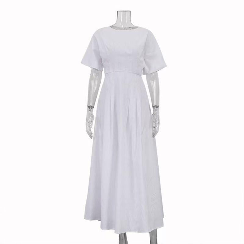 

Fashion New Arrival Casual round Neck Short Sleeves Waist-Tight Dress round Neck Short Sleeve Dress White S