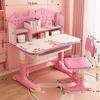 Kids Functional Desk Chair Set, Height Adjustable Children Study Desk with Castle Backboard, Widened Desktop, Bookstand and Storage Drawer (Pink)