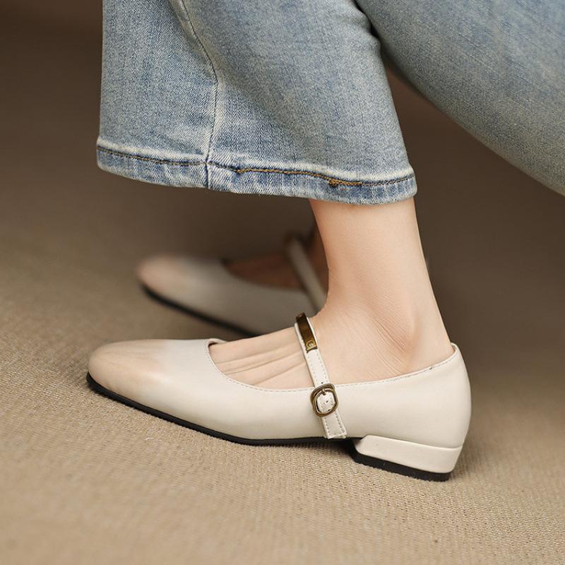 Neue Damen-Einzelschuhe für alle vier Jahreszeiten, eckige Spitze, niedriger Absatz, Größe Damenschuhe, Blockabsatz, weiche Sohle, Slipper, flacher Ausschnitt, kleine Lederschuhe