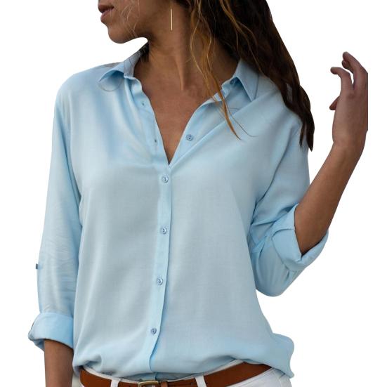 Women Sexy Buttons V Neck Solid Color Shirt Casual Autumn Long Sleeve Blouse