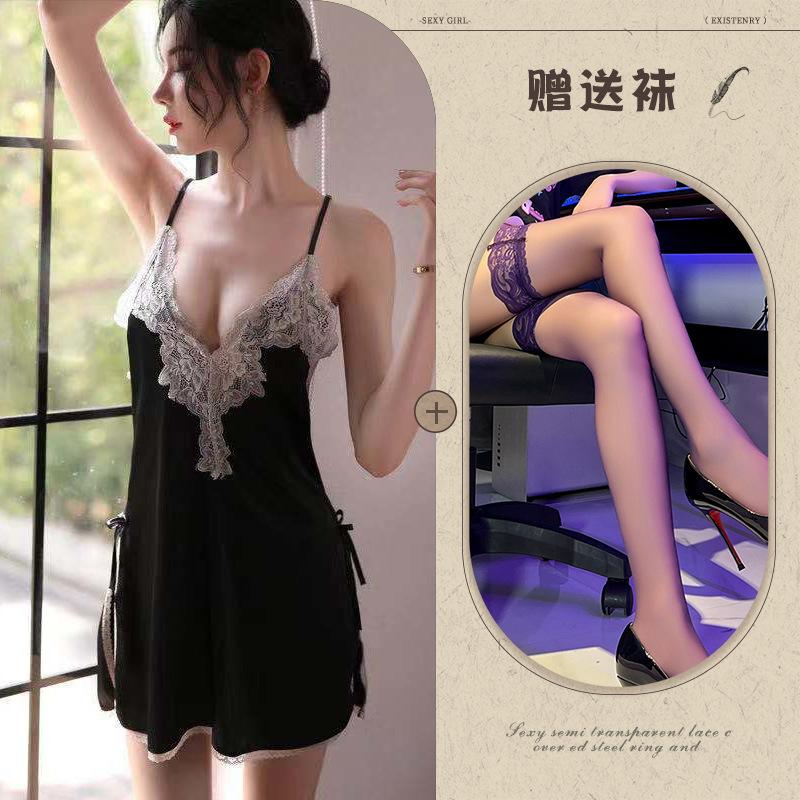Fun underwear ice silk temptation sexy split-ended nightdress water-soluble flower hollow suspender pajama set