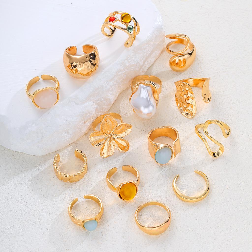 14Pcs Gold Color Floral Pearl Gemstone Ring Set For Women Vintage Irregular Lava Texture Stackable Finger Rings Trendy Jewelry