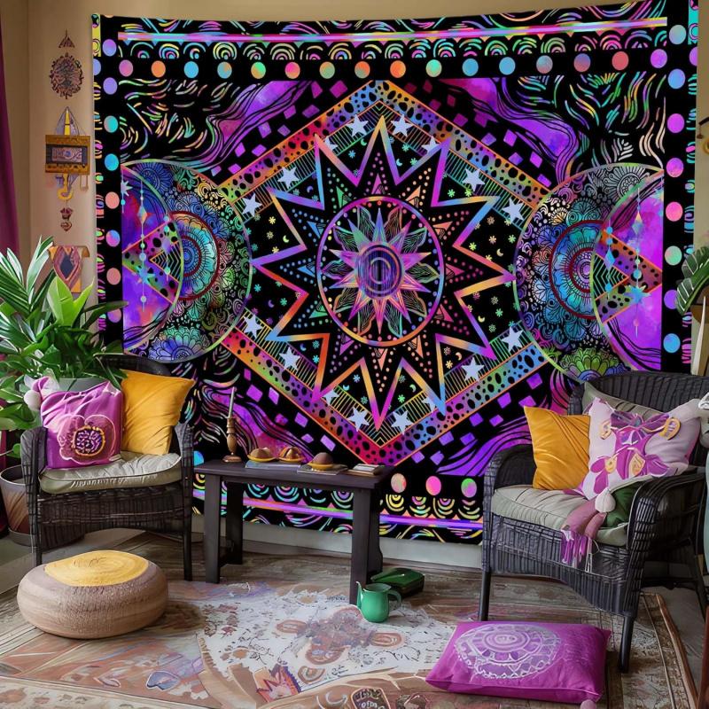 VIKAMA Neon Geometry Sun Moon Mandala Tapestry Cyber Hip Hop Style Illusionary Living Room Wall Art Decor