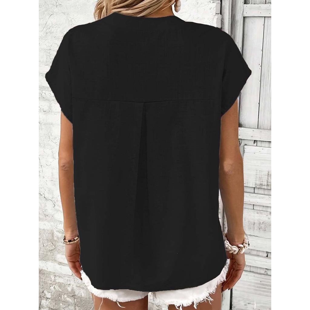 New Retro Cotton Linen Women's Casual Shirt, V-neck Button Short Sleeve Solid Color Top For European American Crossborder