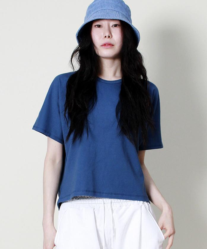 Deumakeu Solid Semi-Crop French Half-Sleeve T-Shirt Blue