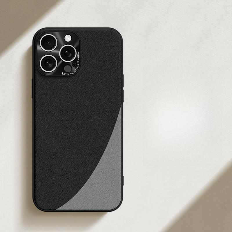 Applicable To Apple 15 ProMax Plain Leather Color-blocking Mobile Phone Case IPhone 14 High-end 13 Lens Anti-fall Protection Case