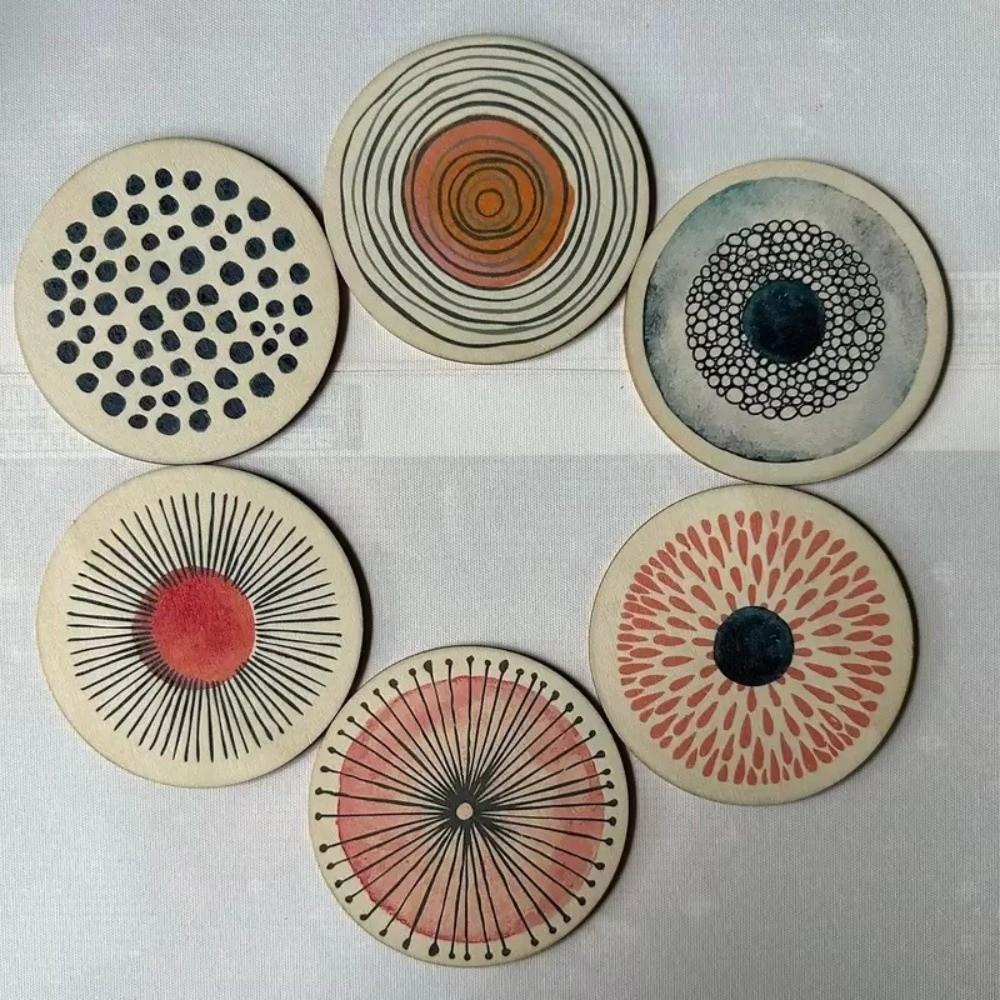 6 Peças/conjunto Porta-copos Circulares de Madeira com Padrão Redondo Ecológico Decorativo Antiderrapante Resistente ao Calor