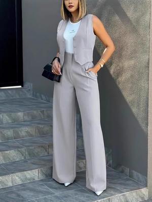 European & American Women's Solid Sleeveless V-Neck Vest Top Set