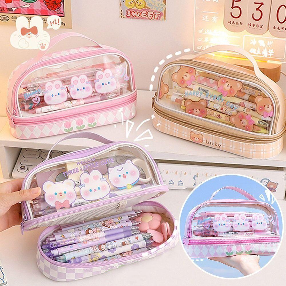 PVC Stationary Organizer Double Layer Pen Bag Portable Pencil Case
