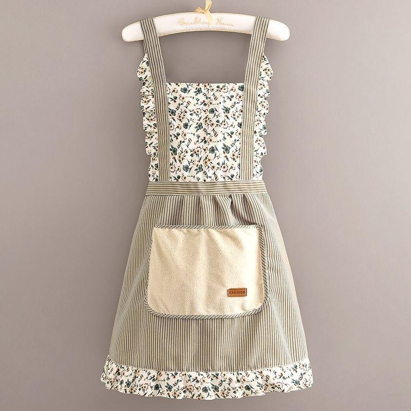 Floral Canvas Kitchen Apron for Women with Pockets and Ruffled Edges